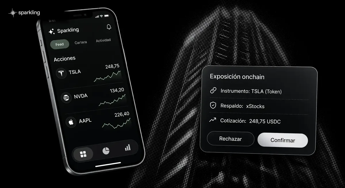 Interfaz de la app Sparkling mostrando cotizaciones de acciones tokenizadas y una tarjeta de confirmación de exposición onchain.