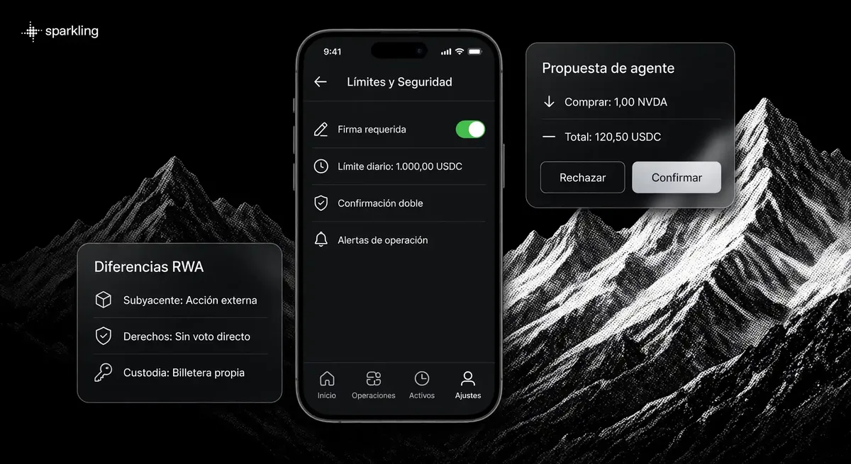 Teléfono central con pantalla de seguridad junto a tarjetas comparativas de activos RWA y confirmación de operación con acciones tokenizadas.