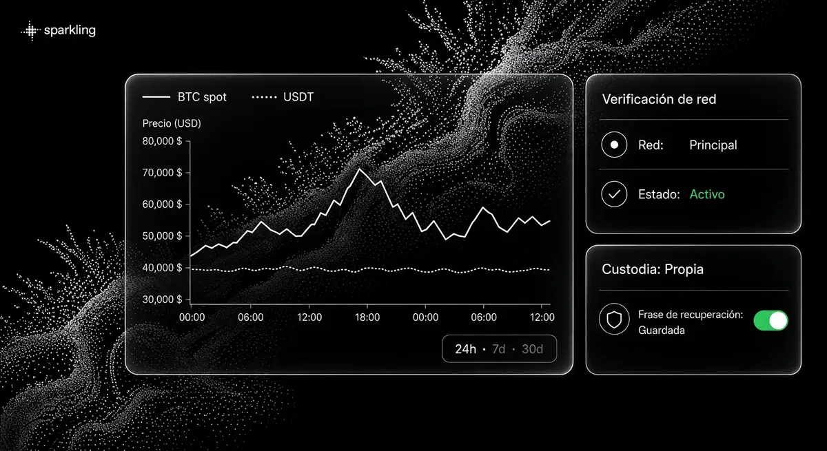 Gráfico principal de rendimiento cripto junto a tarjetas de verificación de red y autocustodia sobre textura de delta fluvial en semitono.