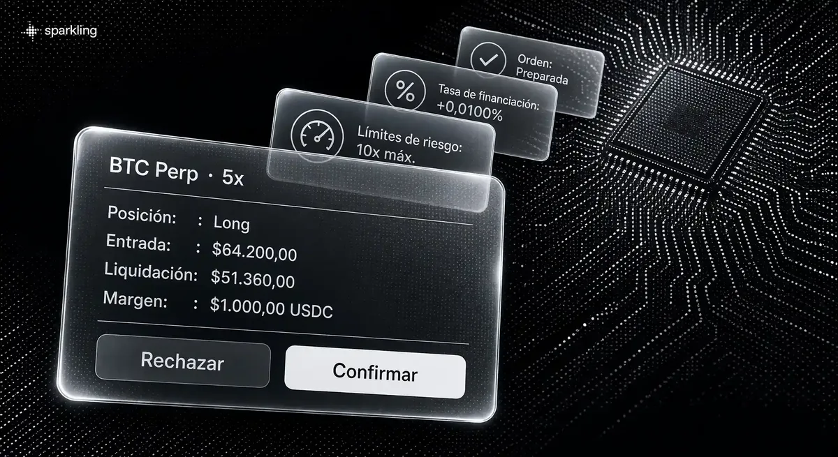 Paneles en perspectiva diagonal con parámetros de orden de futuros perpetuos apalancados sobre fondo de circuito integrado en semitono plateado.