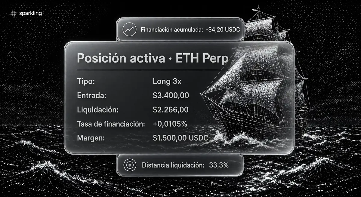Panel central con datos de margen, liquidación y tasa de financiación para futuros perpetuos sobre fondo de barco a vela en semitono plateado.