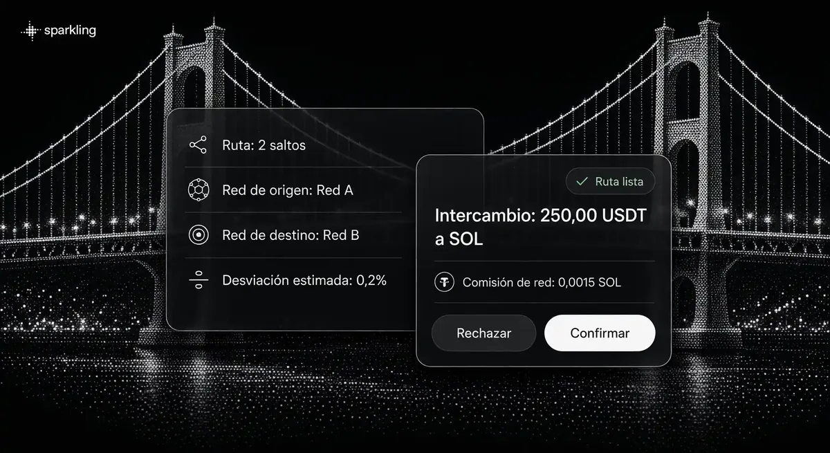Interfaz de intercambio de criptomonedas con dos tarjetas superpuestas sobre un fondo de puente colgante en semitono plateado.
