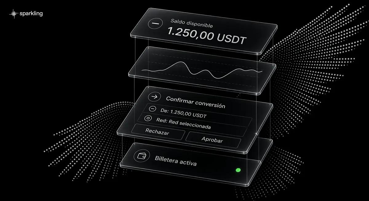 Vista en capas 3D de paneles de la app Sparkling mostrando saldo de USDT y confirmación sobre un fondo halftone de ala de águila.